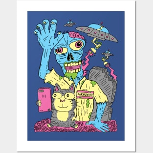 Cat Zombie UFO Posters and Art